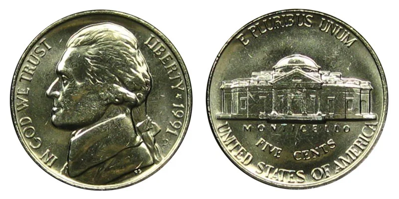 1991-P Jefferson nickel obverse and reverse showing Thomas Jefferson portrait and Monticello