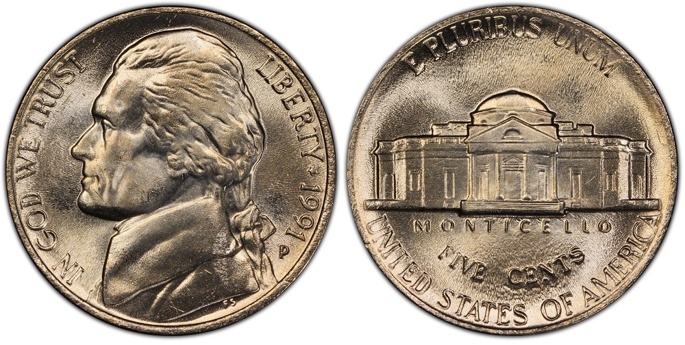 1991 Jefferson nickel Monticello steps comparison — standard incomplete steps vs Full Steps designation