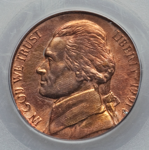 1991-P nickel struck on wrong Lincoln cent planchet — showing undersized diameter error