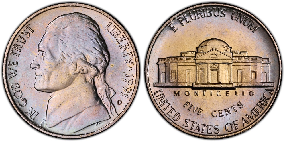 1991-D nickel Doubled Die Reverse (DDR) showing doubling on E Pluribus Unum lettering under magnification