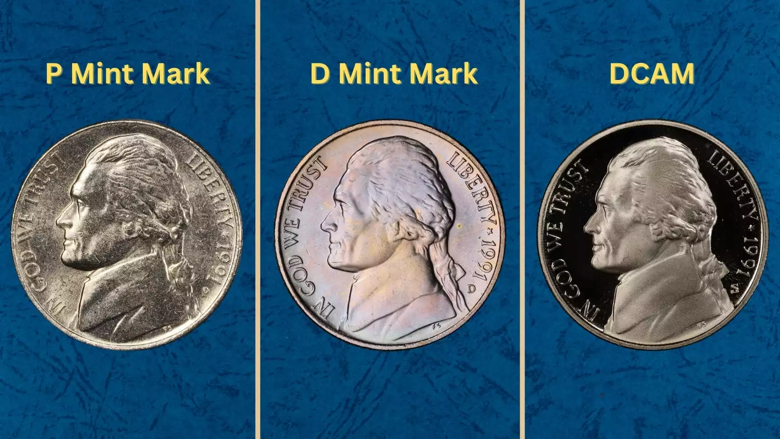 Group of 1991 P and D Jefferson nickels from original mint sets showing uncirculated surfaces