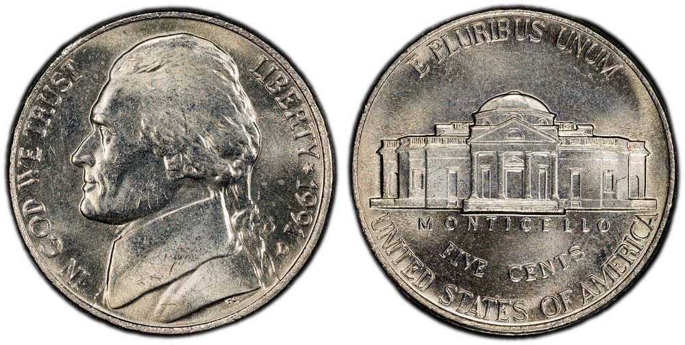 1991 Jefferson nickel grading strip showing four condition tiers from worn to gem uncirculated